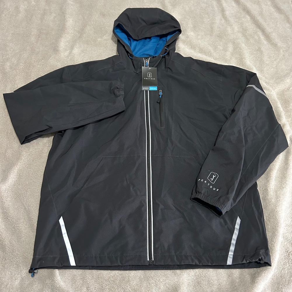 NWT PGA Tour Windbreaker‎ Jacket Mens L Black Full Zip Hooded Reflective golf